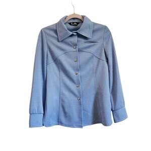 Vintage 70s shirt jacket blue size XS S double knit polyester contrast seam